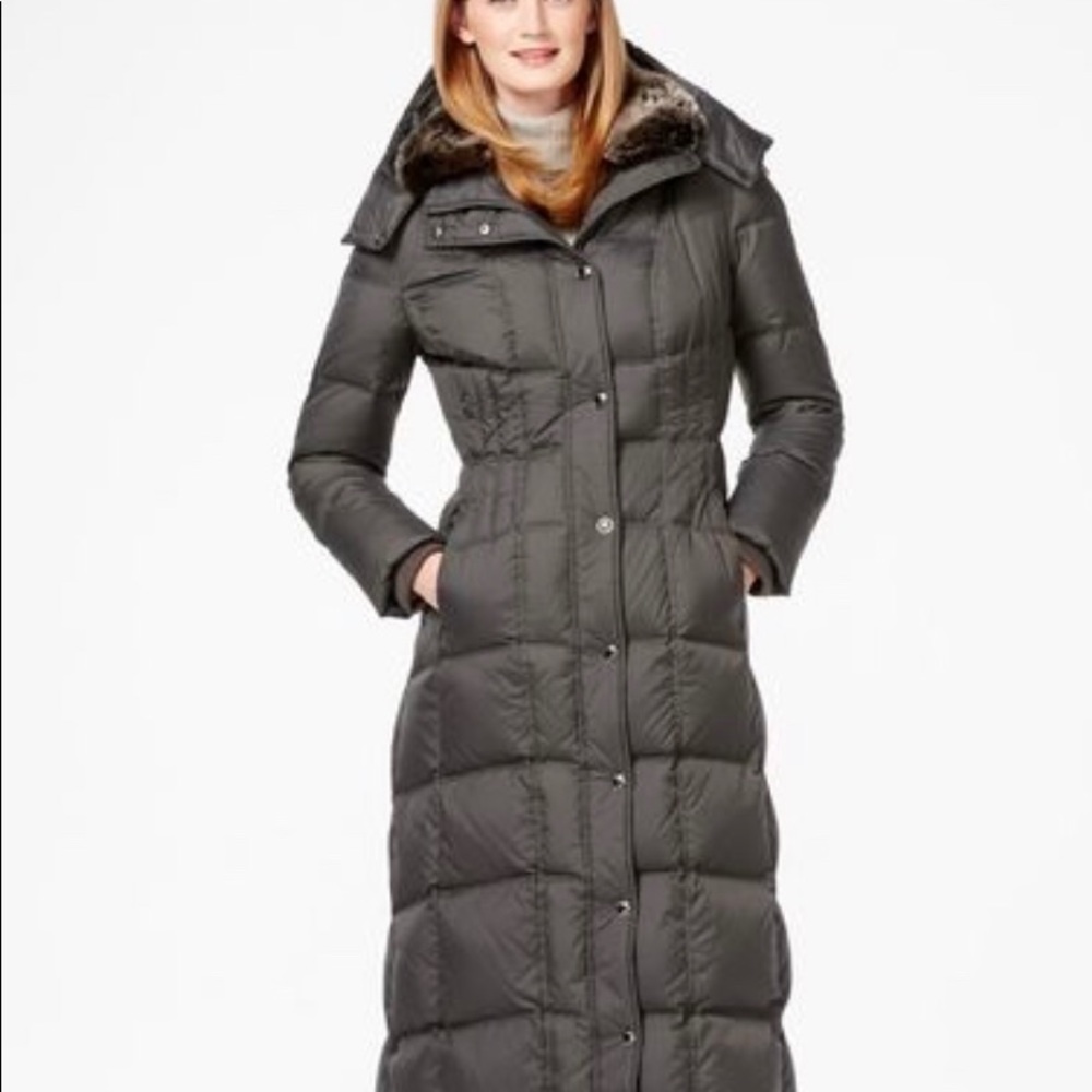 Gray London Fog, Faux Fur Collar, Down Maxi Coat